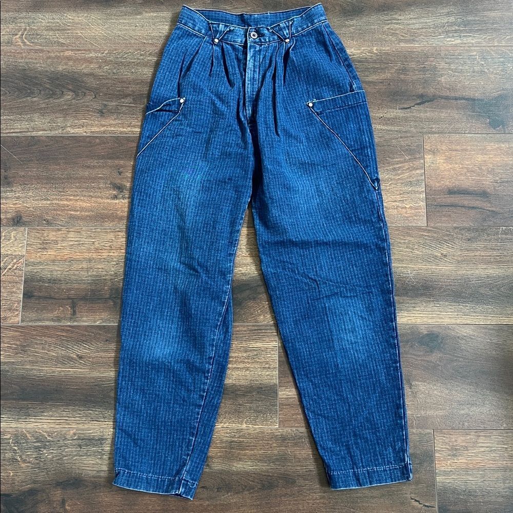 Levis Junior Vintage Size 9 Pin-Striped Blue Denim Jeans Pleated High Rise Sz 24